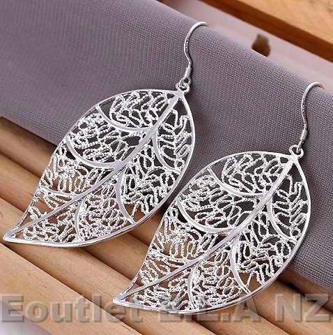 71x33mm FILIGREE LEAF SILVER DANGLE EARRINGS